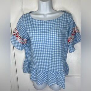 Matilda Jane Rural Route Blue Seersucker Peplum Gingham Women’s w Floral Accents